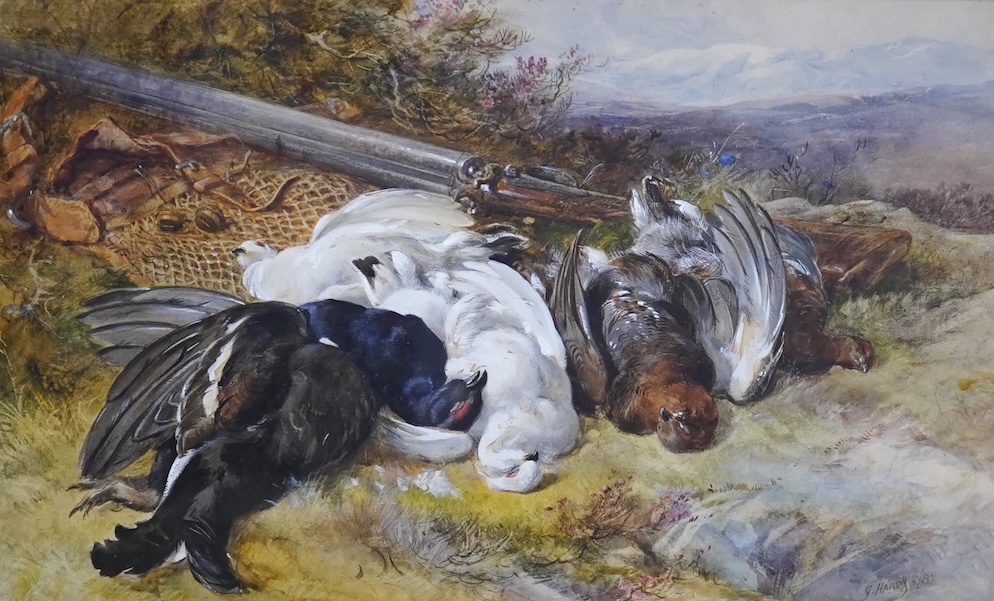 James Hardy Junior (1832-1889), pair of watercolours, Studies of dead game, each signed, one dated '82, other indistinctly dated, labels verso, 25 x 41cm. Condition - good